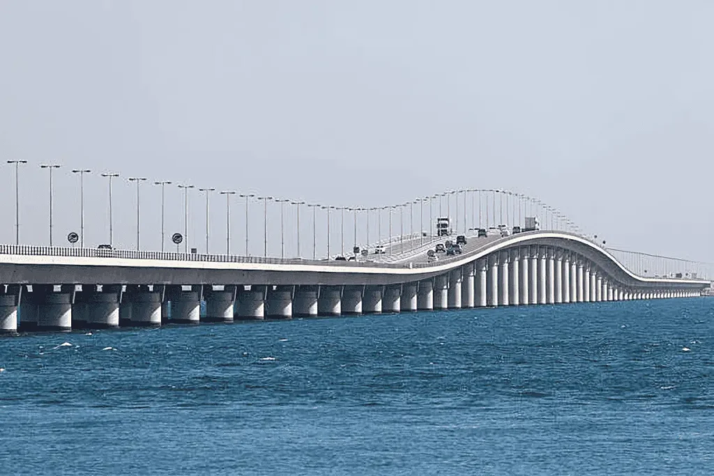 King Fahd Causeway showing the Dammam to Bahrain distance route over the sea.