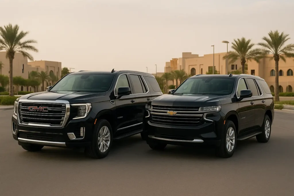 GMC Yukon and Chevrolet Tahoe taxis commonly used for travel across the Dammam to Bahrain distance.