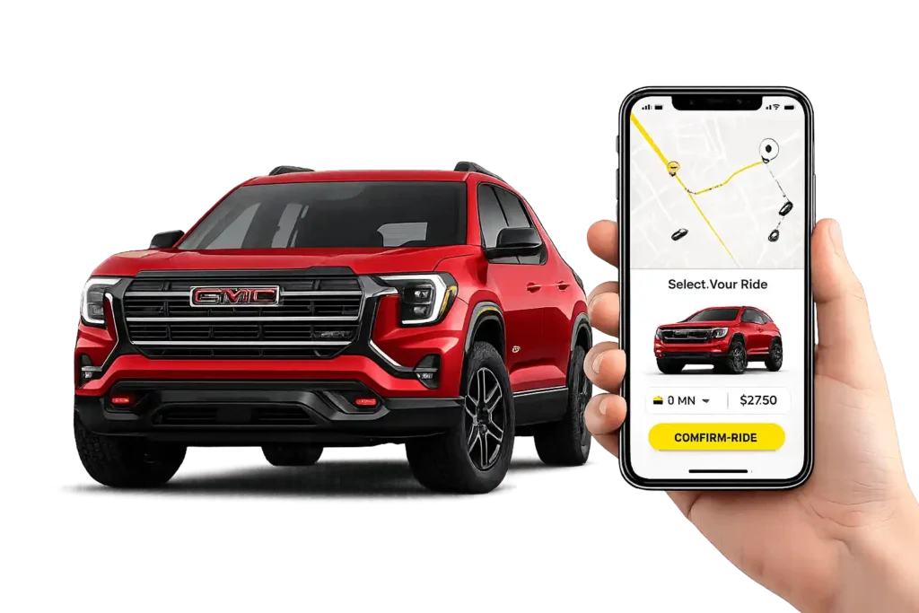 Online taxi booking application with SUV ride selection on mobile phone.