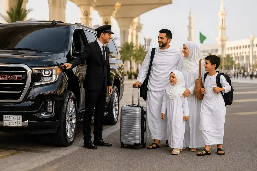 Family travelers with luggage using a Dammam airport to Khobar taxi service with a professional chauffeur.