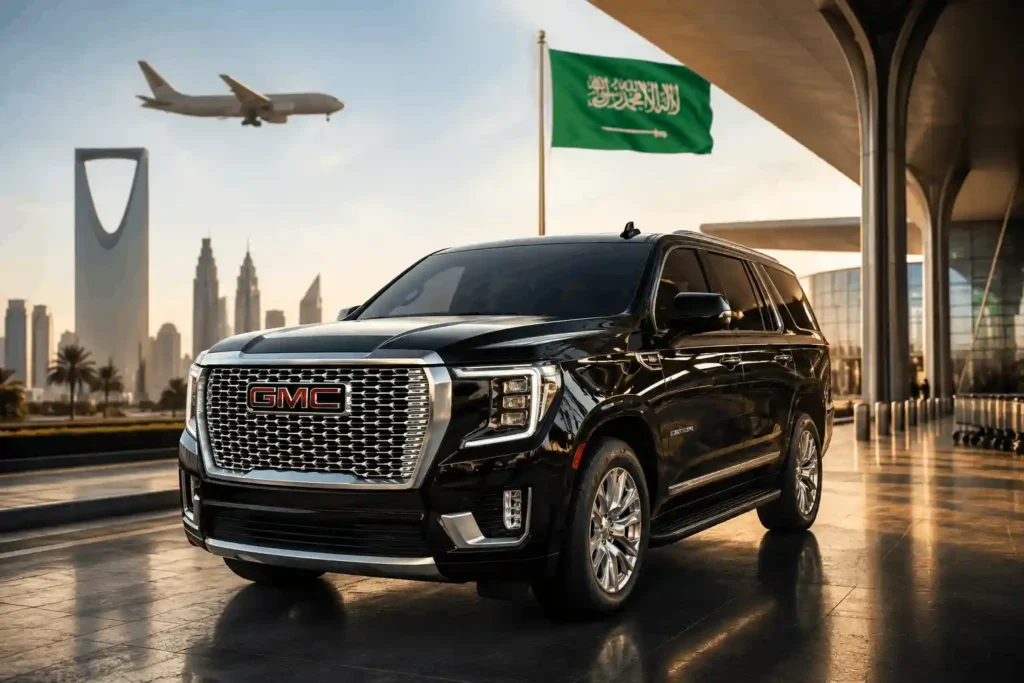 Luxury SUV at Saudi airport for Dammam airport to Bahrain taxi service.