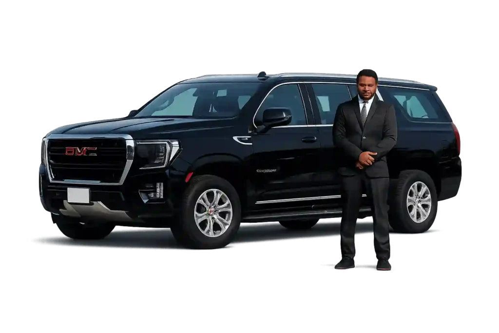 Professional chauffeur standing beside a luxury SUV for Dammam airport to Bahrain taxi service.
