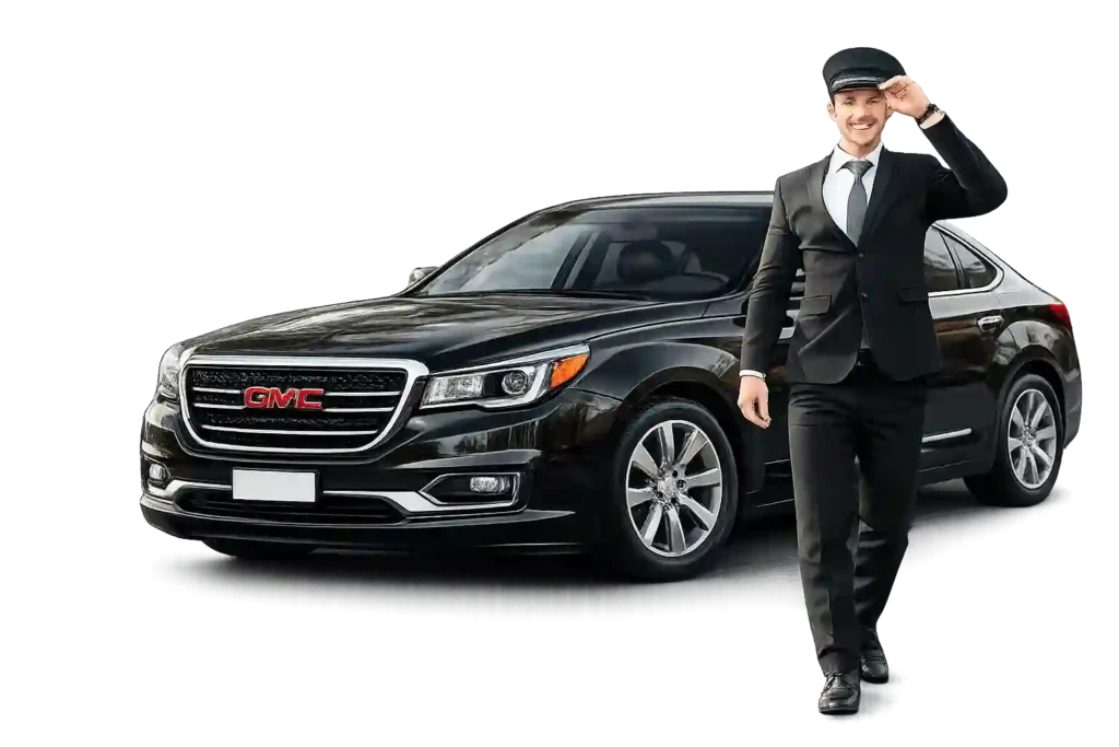 Professional chauffeur standing beside a luxury vehicle for Dammam airport to Khobar taxi service.