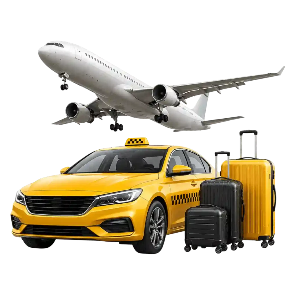 Airport taxi with airplane and travel luggage.