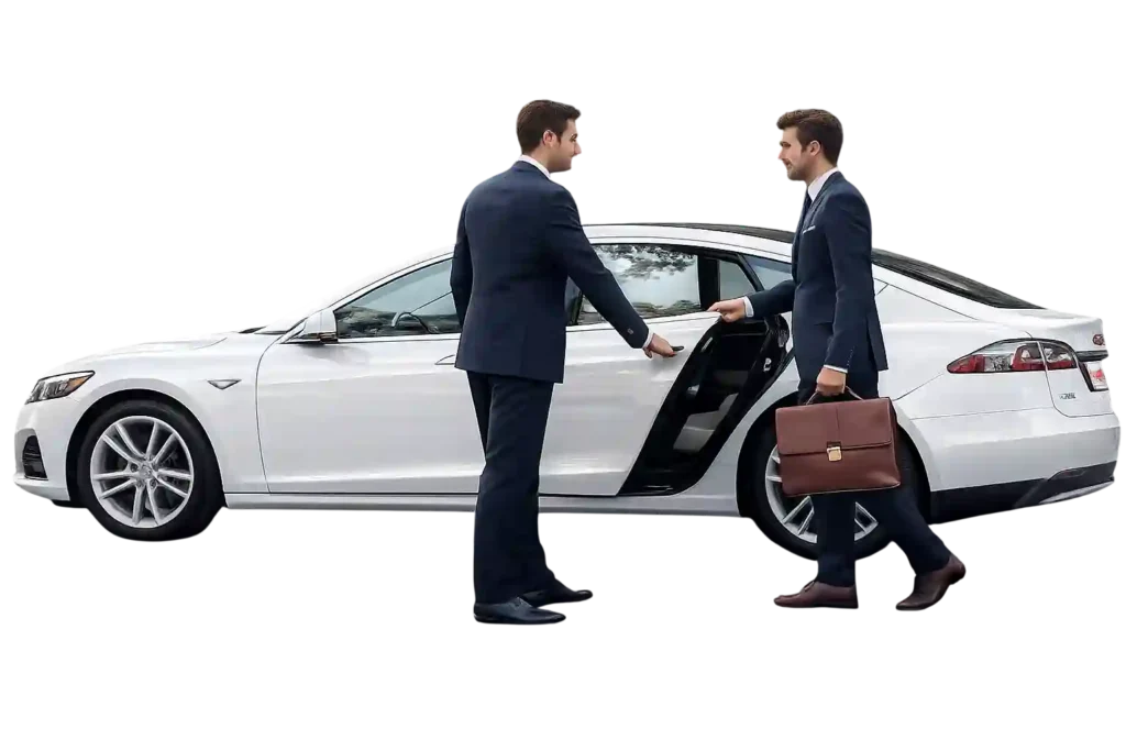 Professional chauffeur opening the car door for a passenger before a private transfer.