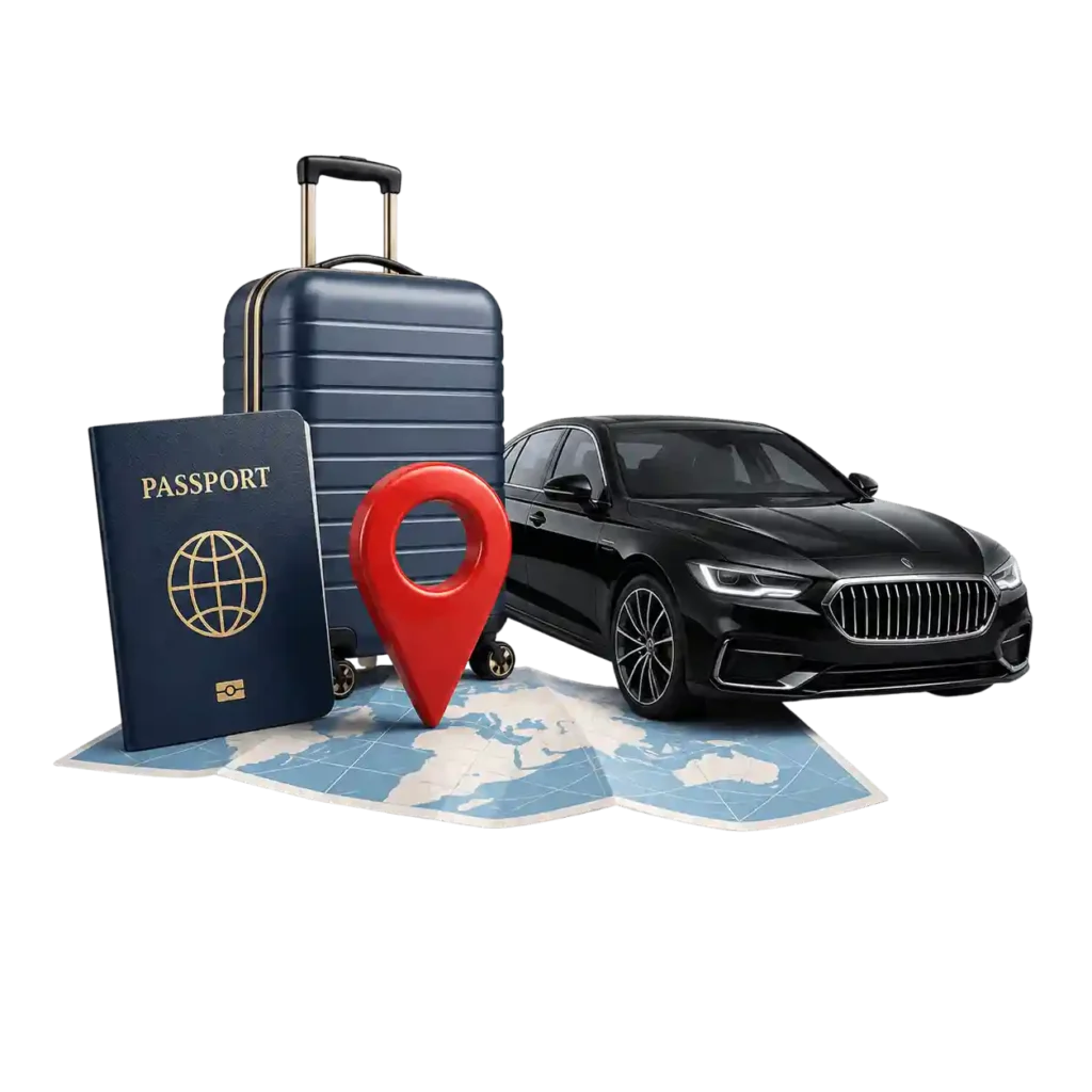 Passport, luggage, location pin and car representing cross-border travel.