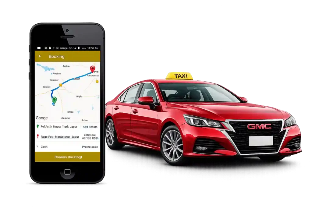 Mobile taxi booking app with a sedan for Riyadh to Jubail taxi reservations.