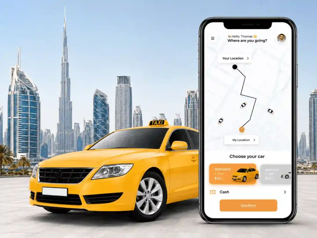 Online taxi booking app with car and location tracking.