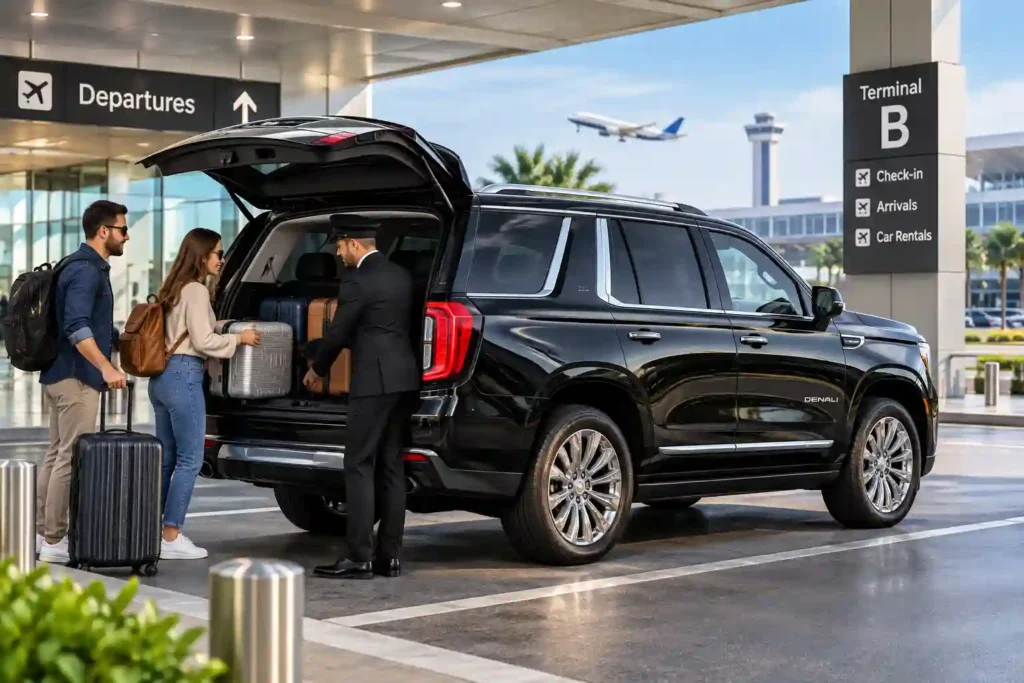 GMC airport transfer with passenger luggage.