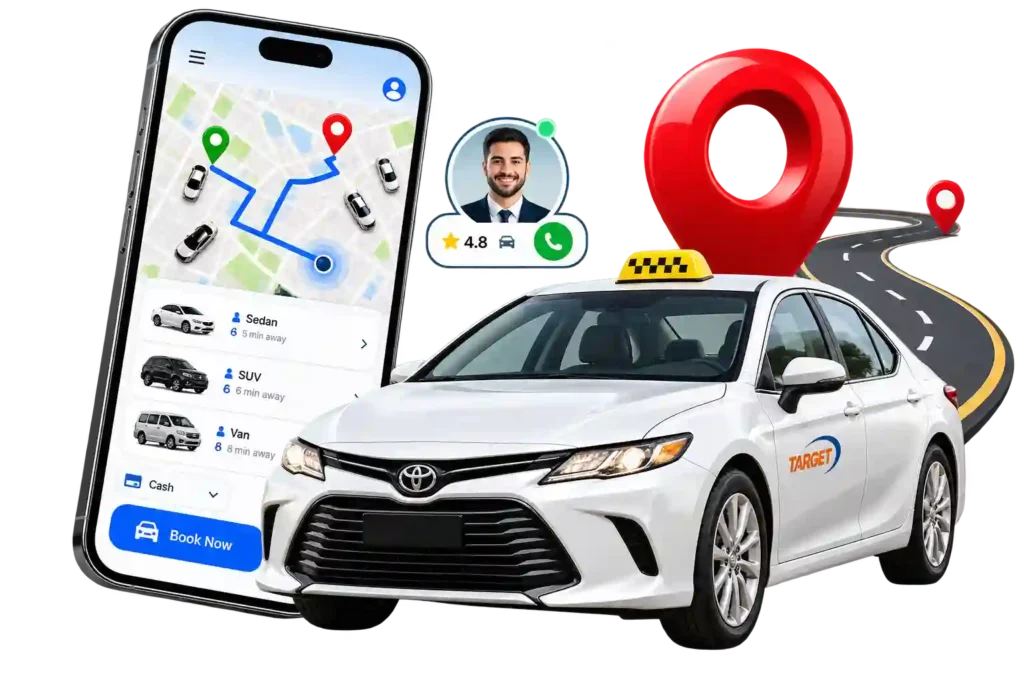 Online Taxi Service in Riyadh with mobile booking and location.